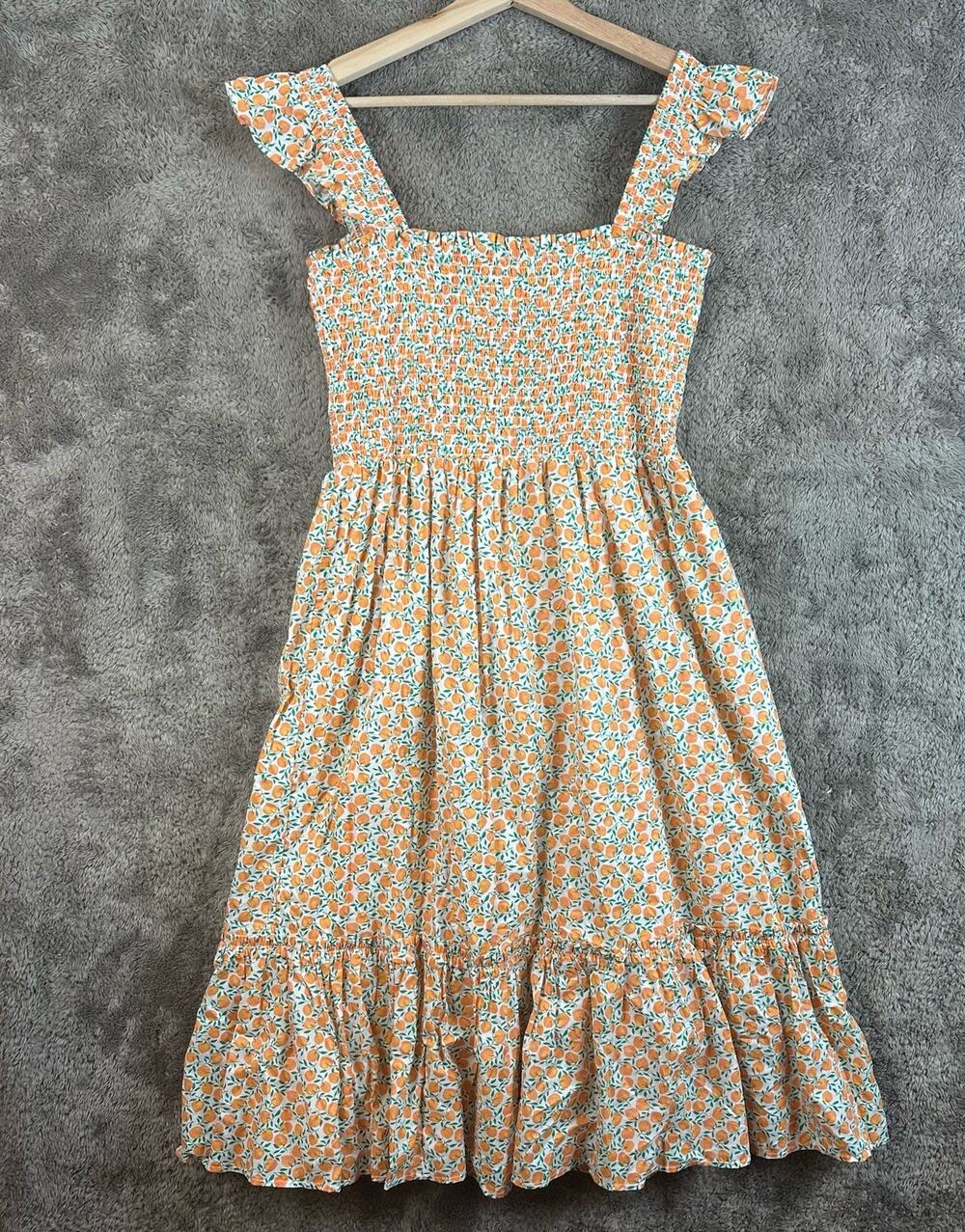 NEW Crewcuts Smocked Ruffle Tiered Dress Girls 16 Peach Orange Citrus Print